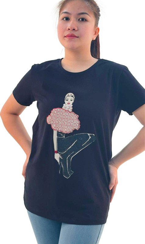 Women's Lady Wearing High Heels Design Round Neck Short Sleeve T-Shirt - Black