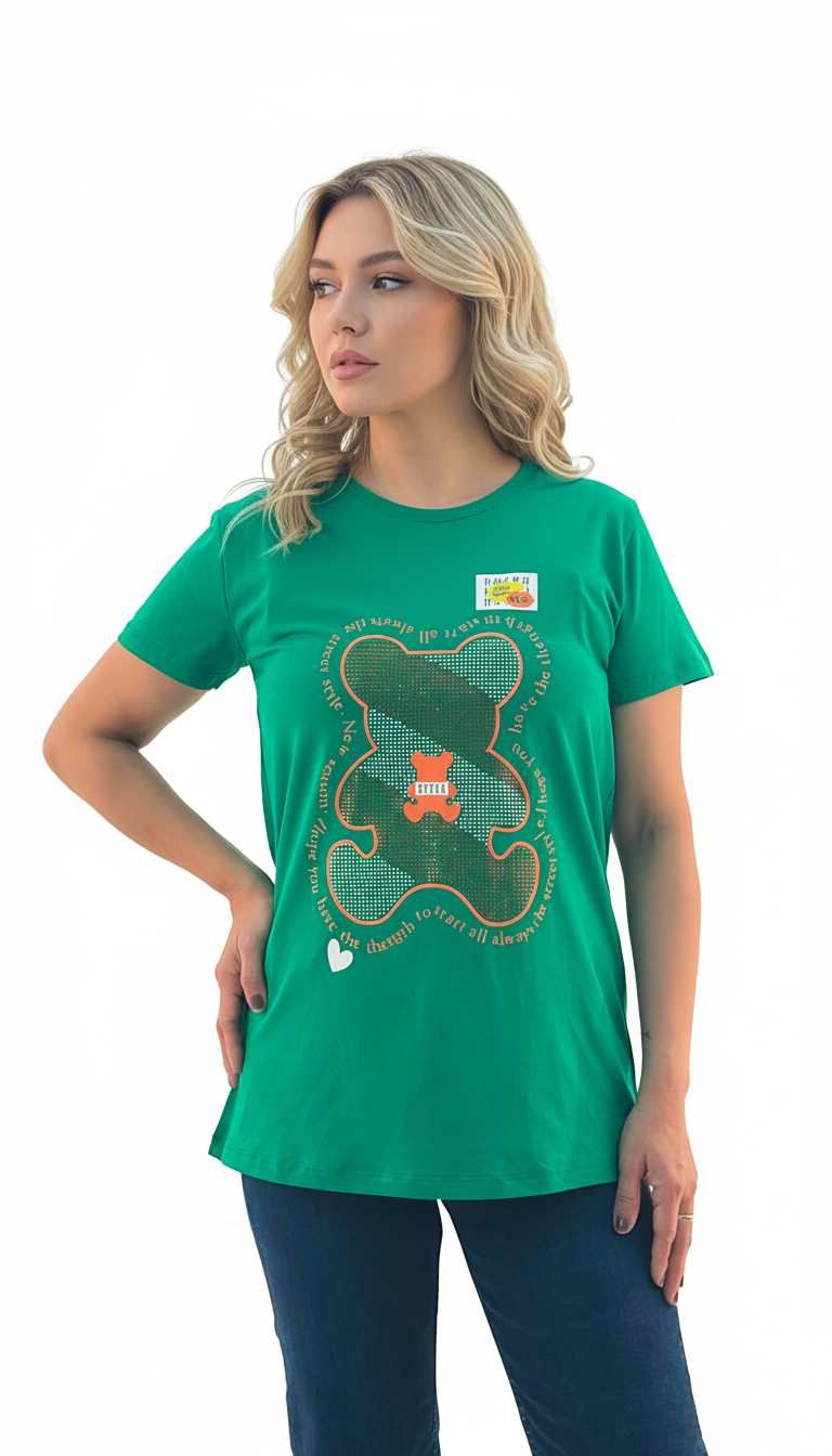 Women's Bear Design With Quotes Round Neck Short Sleeve T-Shirt - Green