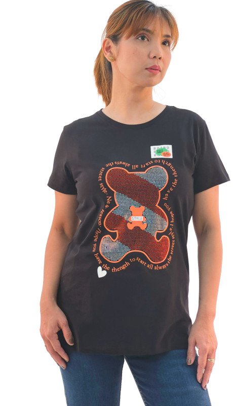 Women's Bear Design With Quotes Round Neck Short Sleeve T-Shirt - Black