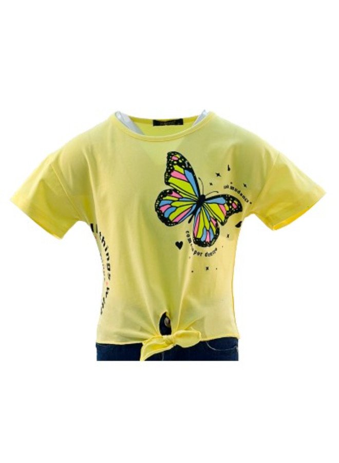 Girl's Front Tie With Butterfly Design Round Neck Short Sleeve T-Shirt - Yellow