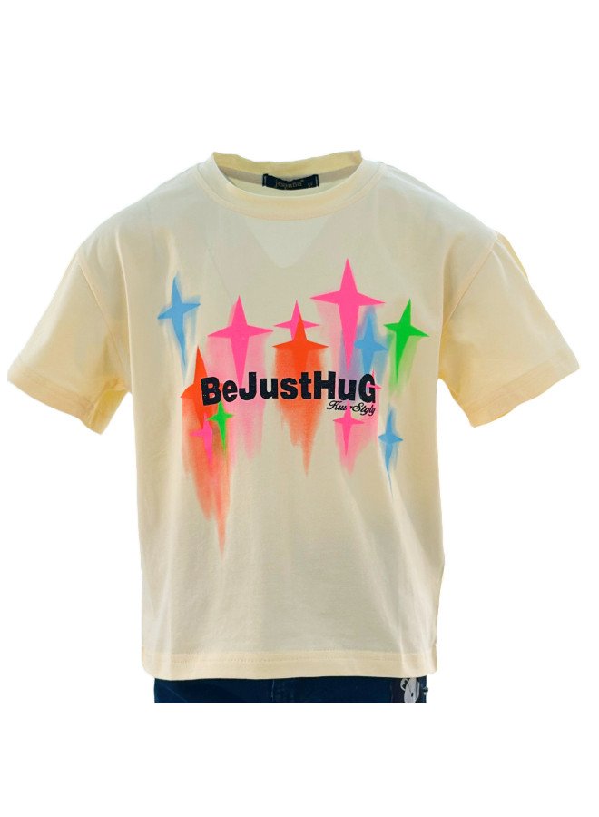 Girl's Be Just Hug Print Round Neck Short Sleeve T-Shirt - Beige