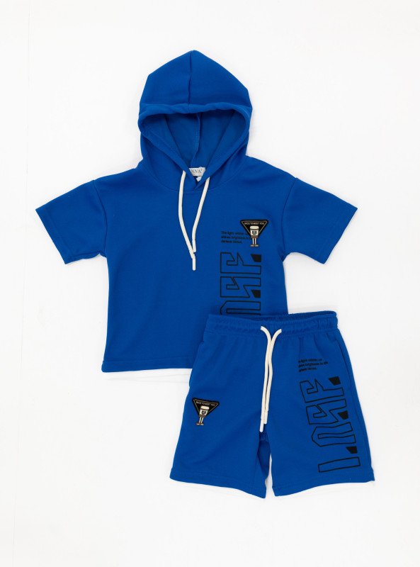 Boys’ Sporty Hooded Set with Bold Graphic Print - Blue