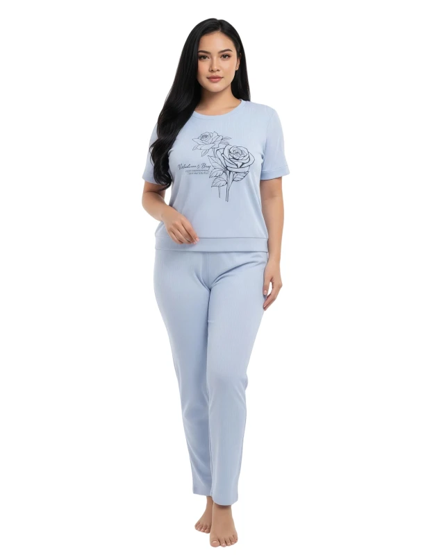 281905T Women's Rose Graphic Tee & Pants Pajama Set - Blue