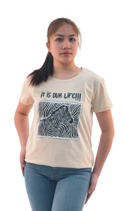 Women's It Is Our Life Quotes with Animal Print Round Neck Short Sleeve T-Shirt - Beige