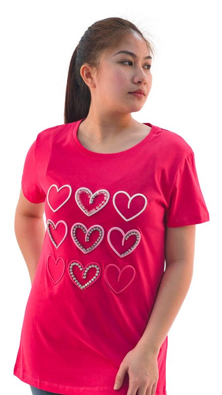 Women's Hearts Print Round Neck Short Sleeve T-Shirt - Pink