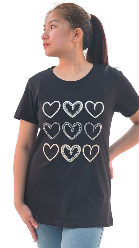 Women's Hearts Print Round Neck Short Sleeve T-Shirt - Black