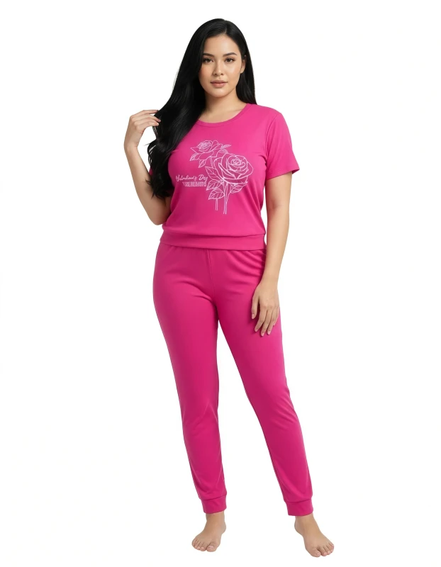 281905T Women's Rose Graphic Tee & Pants Pajama Set - DeepPink