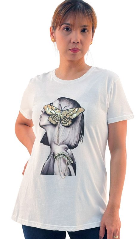Women's Lady With Butterfly Print Round Neck Short Sleeve T-Shirt - White
