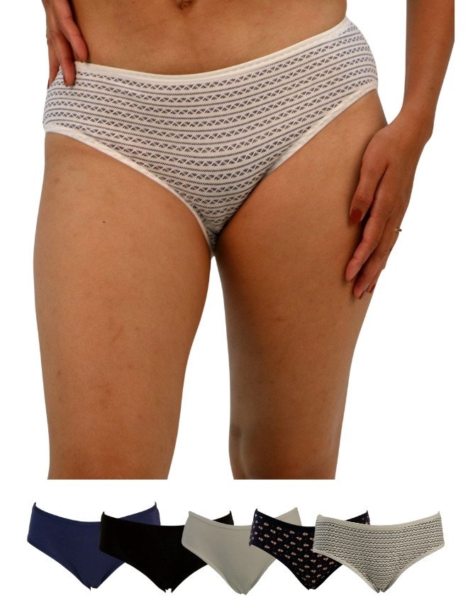 Women's Plain & Heart Design Mid Rise 6-Pack Panties, Multicolor - Beige