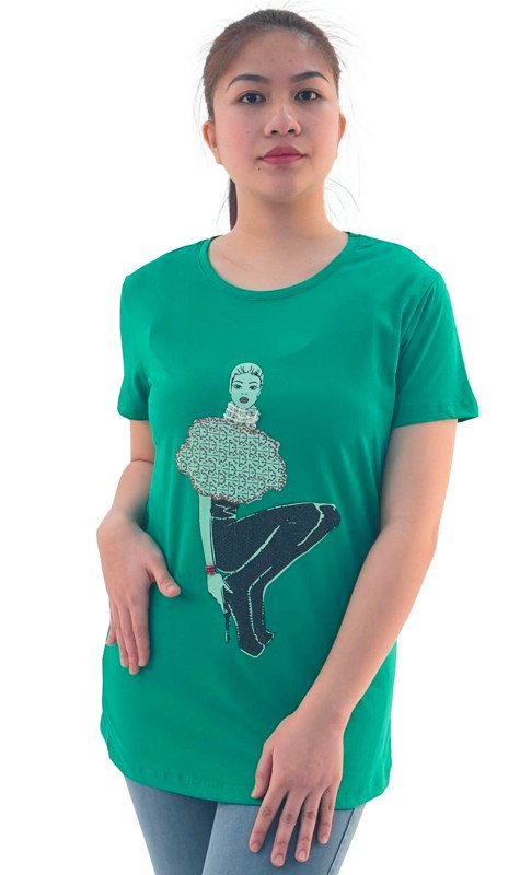 Women's Lady Wearing High Heels Design Round Neck Short Sleeve T-Shirt - Green