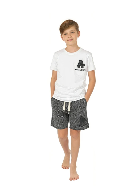 Boy's "TIDEJUMP" Graphic Tee & Patterned Shorts Set - Gray