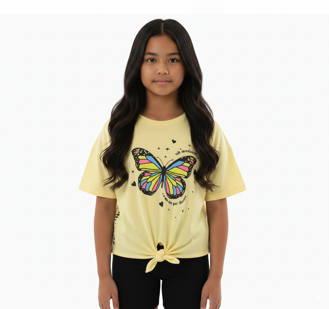 Girl's Front Tie With Butterfly Design Round Neck Short Sleeve T-Shirt - Yellow