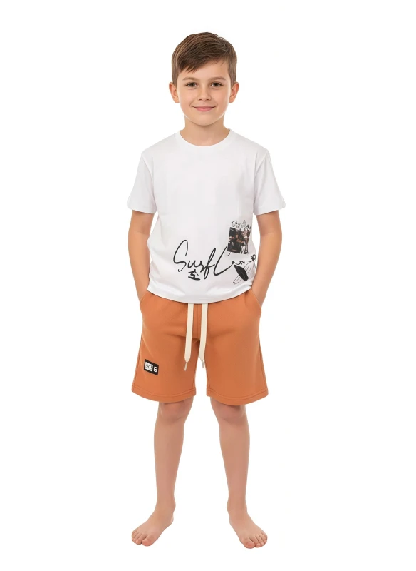 Boy's "Surf Camp" Graphic Tee & Striped Shorts Set - White