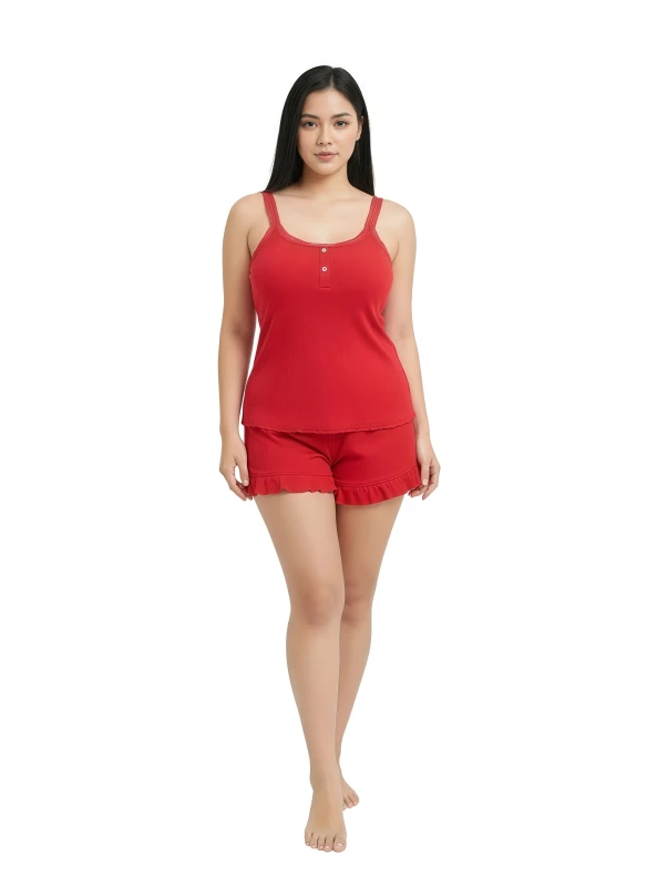 281903-2T Women's Ruffle Hem Cami & Shorts  Set - Red