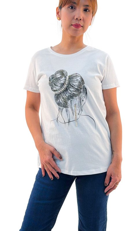 Women's Lady With Hair Bun Print Round Neck Short Sleeve T-Shirt - White