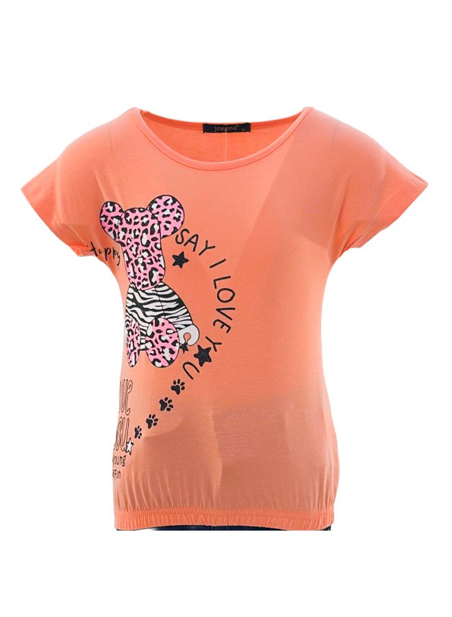 Girl's Say I Love You & Animal Print Round Neck Short Sleeve T-Shirt - Orange