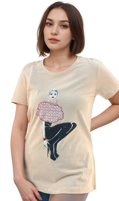 Women's Lady Wearing High Heels Design Round Neck Short Sleeve T-Shirt - Beige
