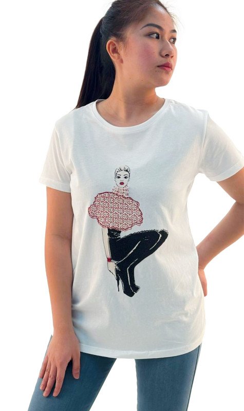 Women's Lady Wearing High Heels Design Round Neck Short Sleeve T-Shirt - White