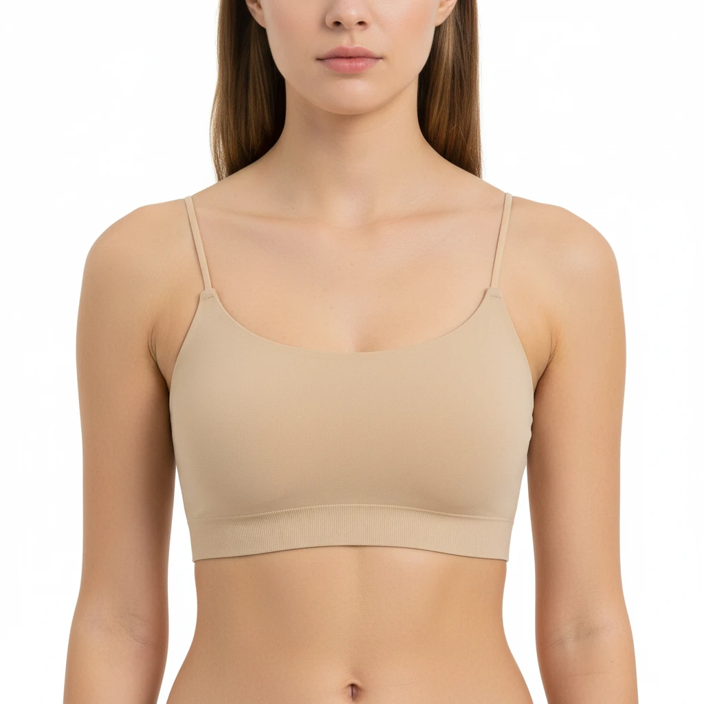 A2112029WWomen's Seamless Cropped Cami Top – Ribbed Hem Spaghetti Strap Bralette - Beige