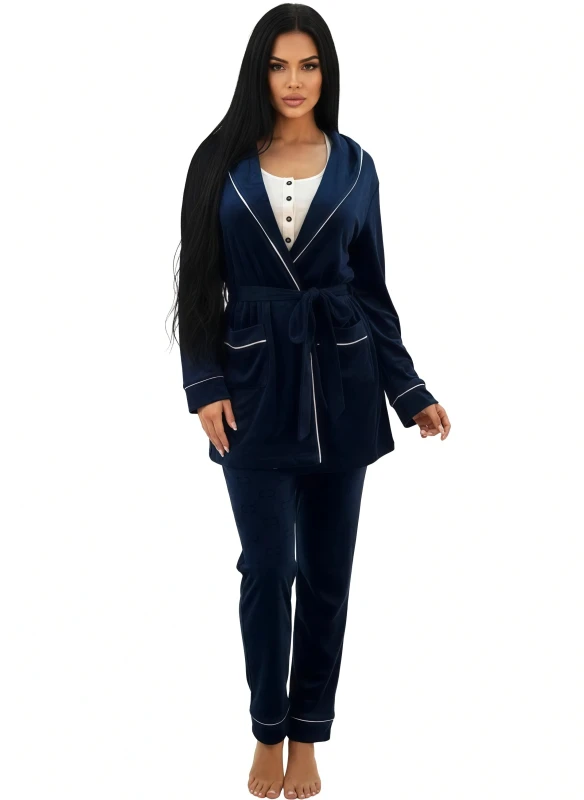 Women Cozy Crown Embroidered Pajama & Robe Set - Navy