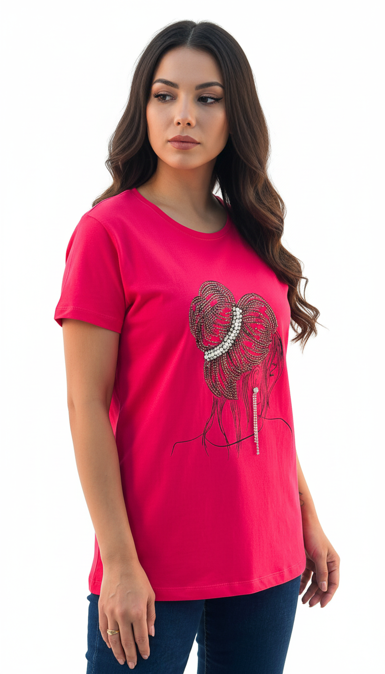 Women's Lady With Hair Bun Print Round Neck Short Sleeve T-Shirt - Pink