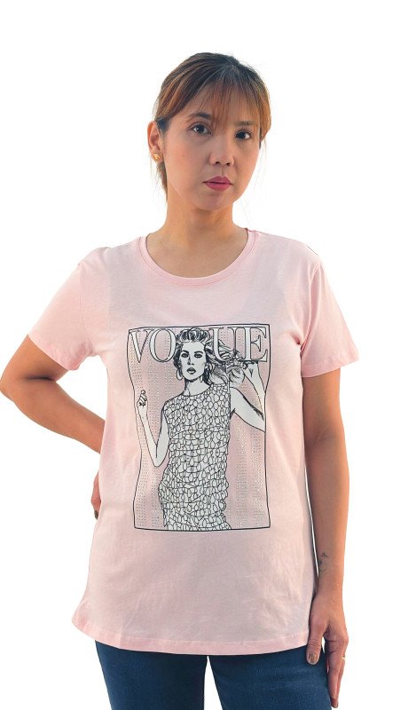 Women's Vogue Girl Design Round Neck Short Sleeve T-Shirt - Pink