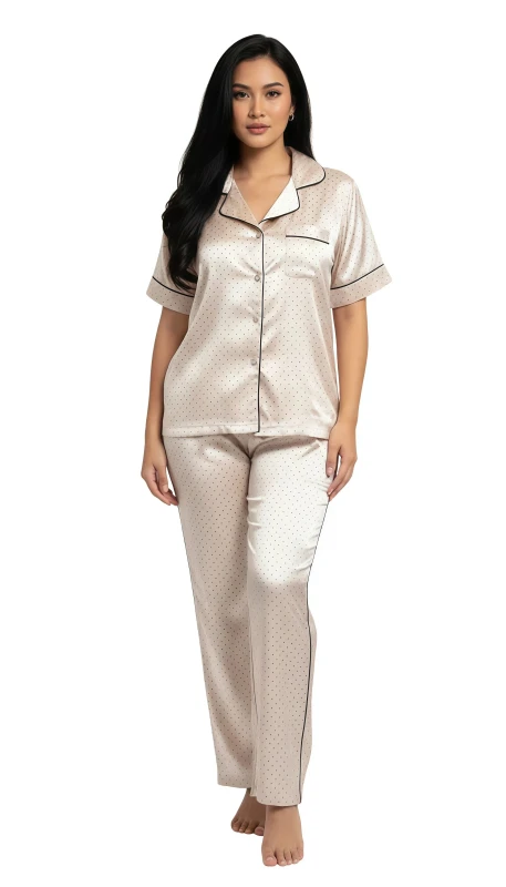 Women's Polka Dot Satin Pajama Set - Beige