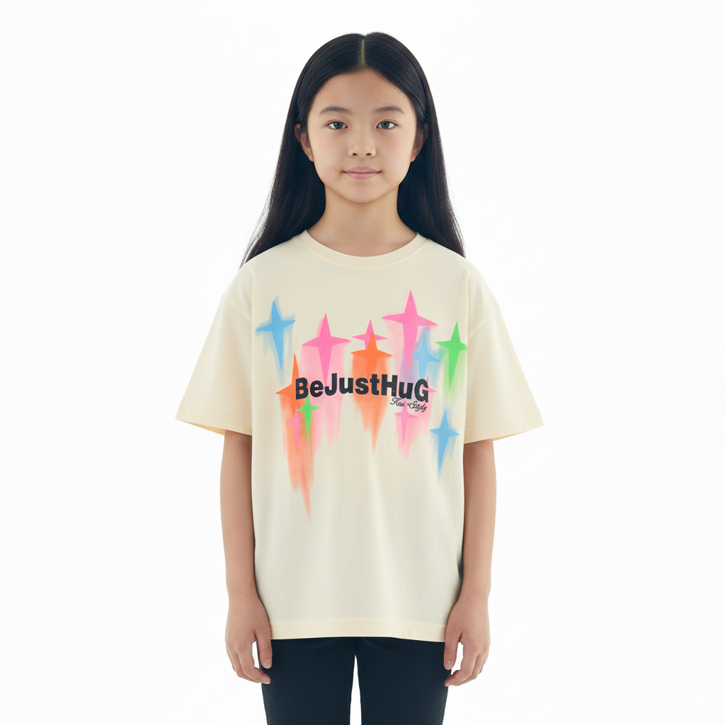 Girl's Be Just Hug Print Round Neck Short Sleeve T-Shirt - Beige