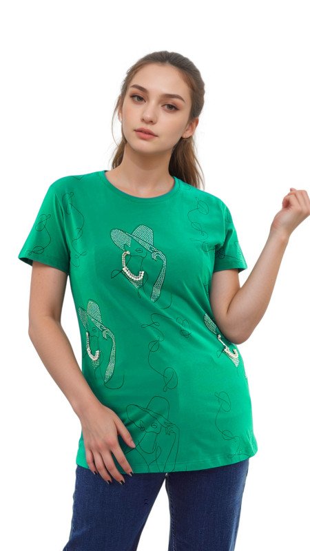 Women's Lady With Hat Design Round Neck Short Sleeve T-Shirt - Green
