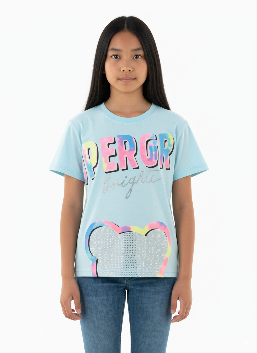 Girl's Super Girl Brighter Print Round Neck Short Sleeve T-Shirt - SkyBlue