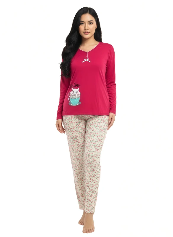 Women's Comfy Kitty Print Long Sleeve PJ Set - DeepPink