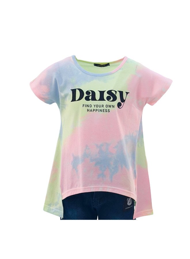Girl's Long Back With Daisy Find Your Happiness Print Round Neck Short Sleeve T-Shirt - Purple