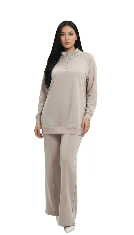Women's Quarter-Zip Pullover & Wide Leg Pant Lounge Set - Beige