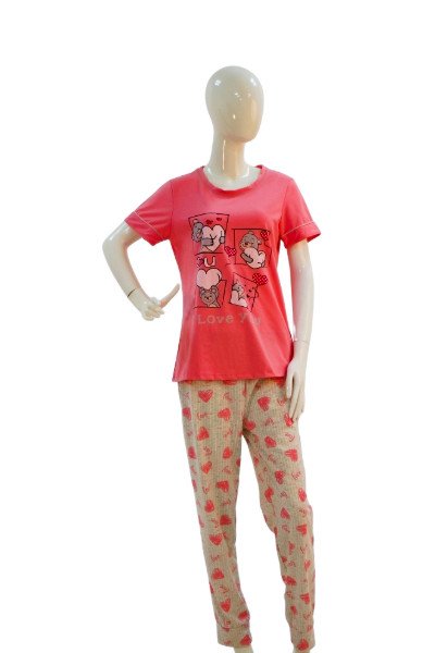 "I Love You" Cute Cartoon Print Women's Cotton Pajama Set - Pink