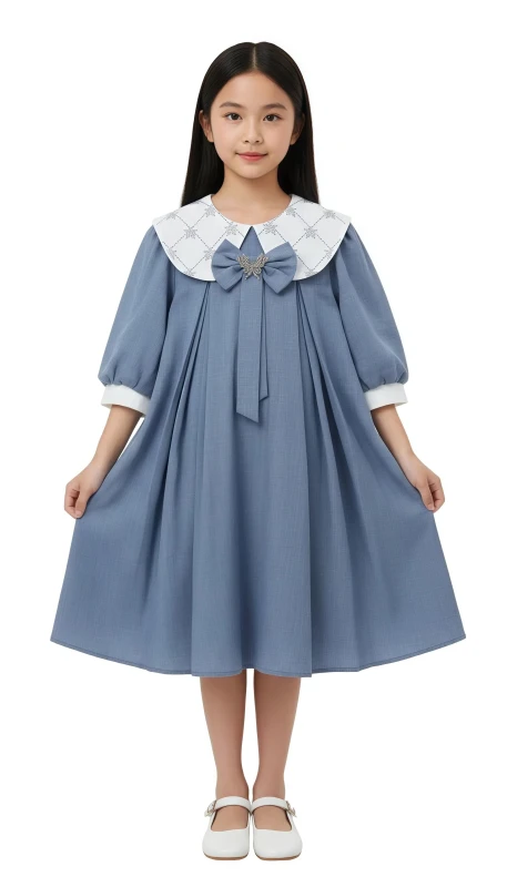 Girls' Pleated Collar Dress - Blue
