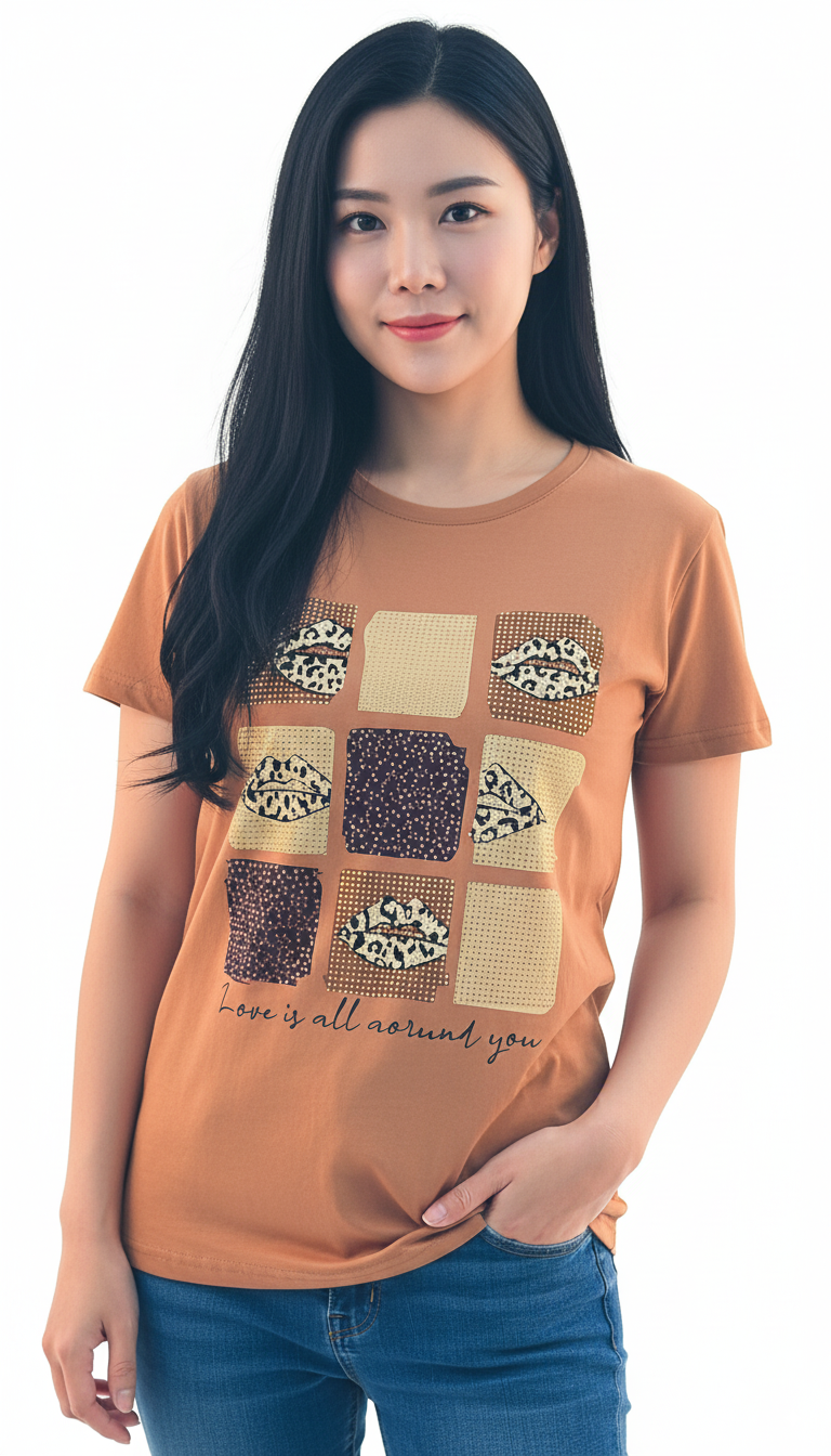 Women's Lips With Love Is All Around You Print Round Neck Short Sleeve T-Shirt - Brown