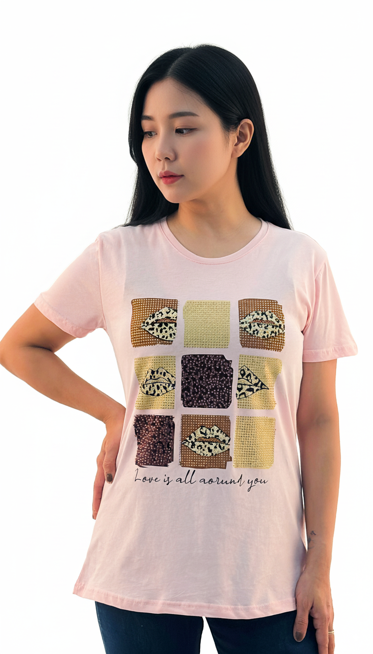 Women's Lips With Love Is All Around You Print Round Neck Short Sleeve T-Shirt - Pink