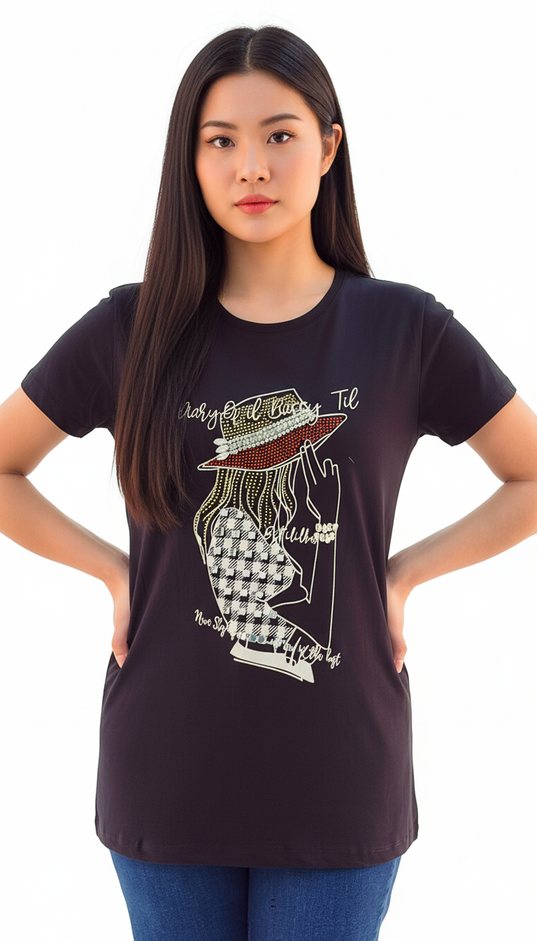 Women's Lady Wearing Hat With Quotes Round Neck Short Sleeve T-Shirt - Black