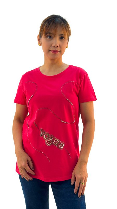 Women's Vogue Print Round Neck Short Sleeve T-Shirt - Pink