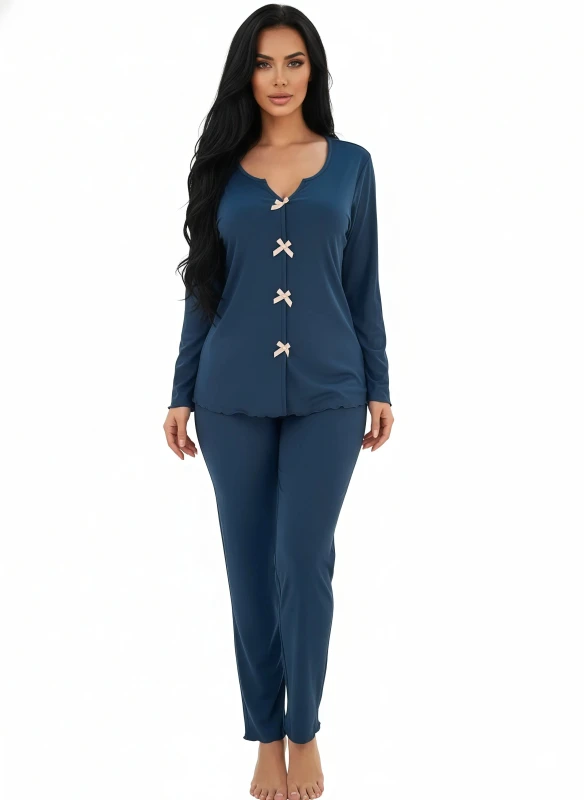 Bow-Front Ribbed Pajama Set - Blue