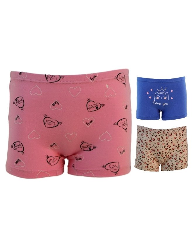 Girl's Love You Print & Heart Design Boyshort 3-Pack Underwear, Multicolor - Pink