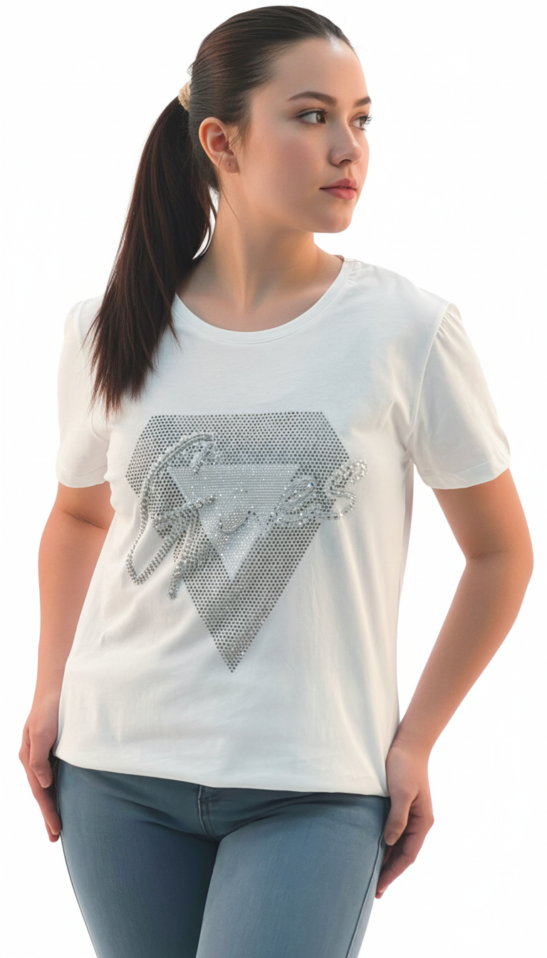 Women's Diamond Design With Quotes Round Neck Short Sleeve T-Shirt - White