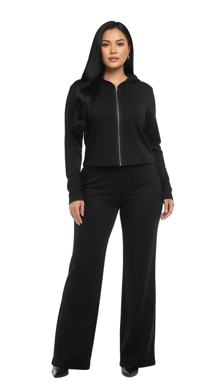 Women's Athleisure Zip Hoodie & Bootcut Pant Co-ord - Black