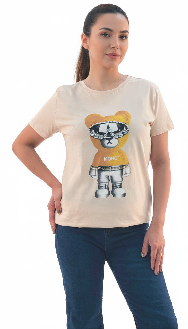 Women's Mono Bear Print Round Neck Short Sleeve T-Shirt - Beige