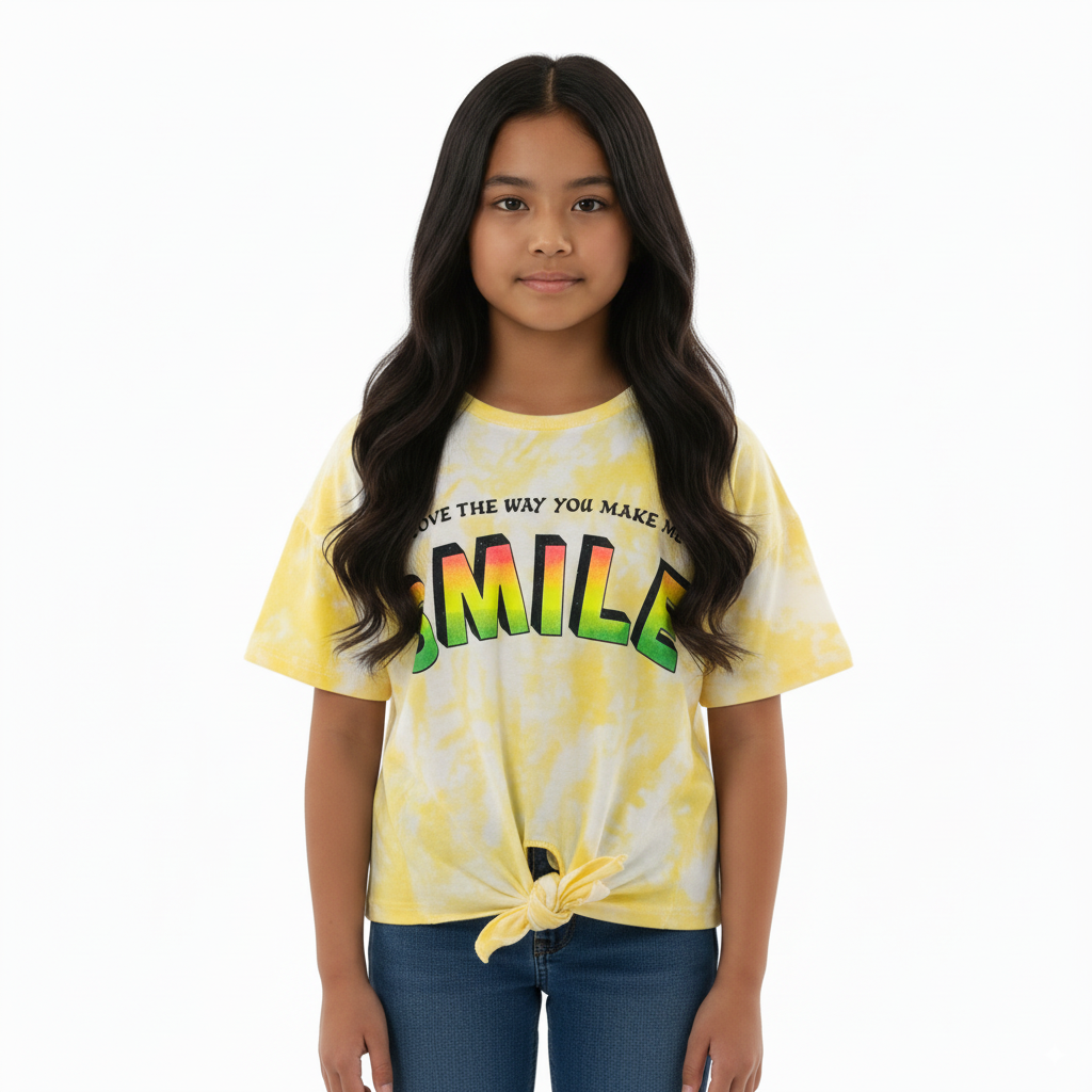 Girl's Front Tie With I Love The Way You Make Me Smile Quotes Round Neck Short Sleeve T-Shirt - Yellow