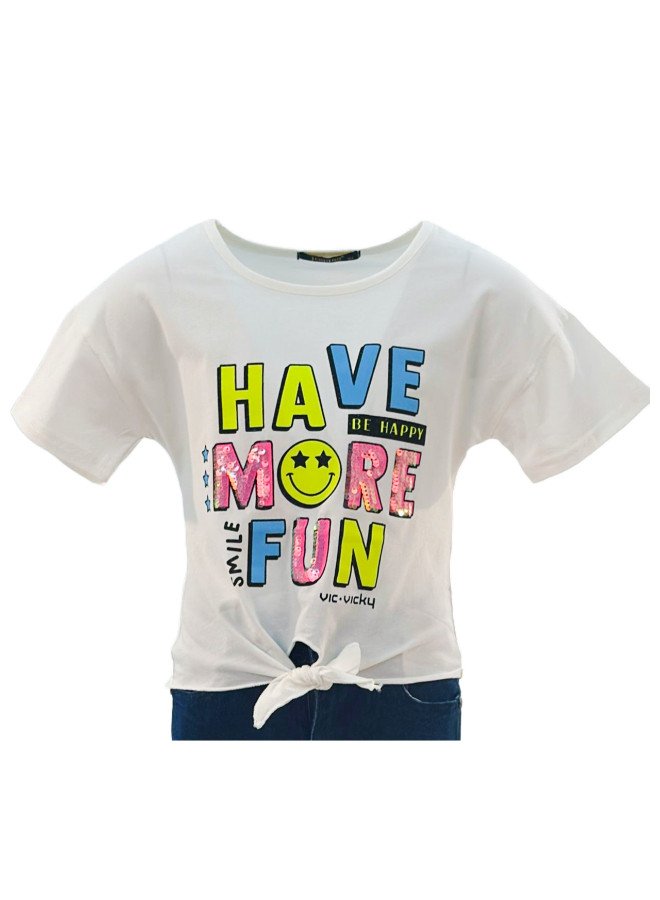 Girl's Front Tie With Have More Fun Print Round Neck Short Sleeve T-Shirt - White