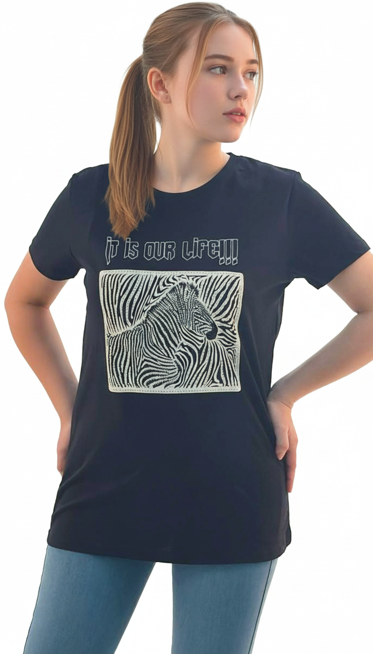 Women's It Is Our Life Quotes with Animal Print Round Neck Short Sleeve T-Shirt - Black