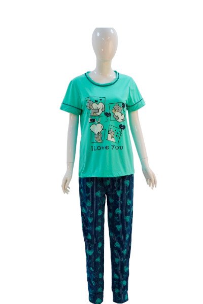 "I Love You" Cute Cartoon Print Women's Cotton Pajama Set - LightSeaGreen