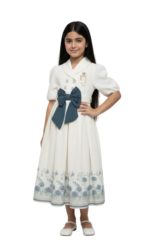 Girl's Classic Bow & Floral Dress - Blue