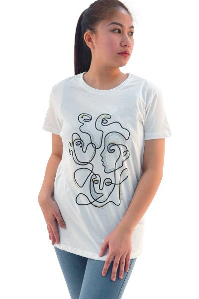 Women's Geometric Design Round Neck Short Sleeve T-Shirt - White